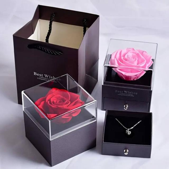 Išskirtinio dizaino juoda dėžutė su muilo rožė ir grandinėlė su širdelės formos pakabuku 47931